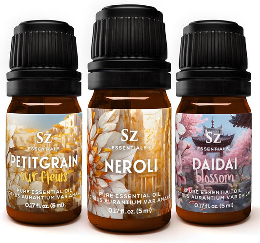 Neroli Soul Trip Essential Oils Collection- Neroli + Petitgrain Sur Fleurs + Dai Dai Blossom -Set of 3 Bottles (0.17 Fl Oz- 5ml each)- 100% Pure & Undiluted - Therapeutic Grade & Vegan