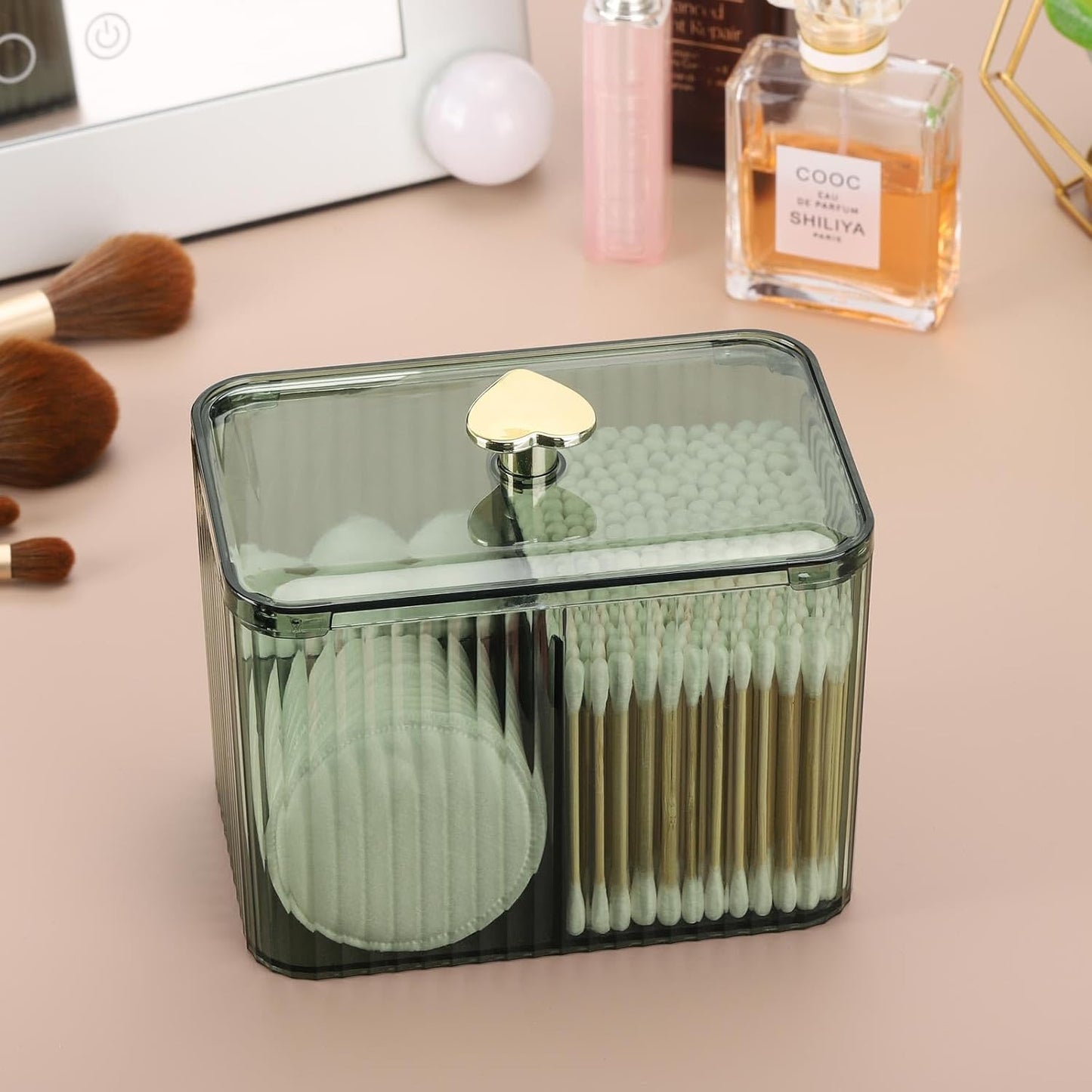 Tbestmax Qtip Holder Dispenser 3-Section Clear Bathroom Organizer Jar 3 Grids Cotton Swab/Pad/Ball Holder Container Cosmetics Storage for Vanity(2 Pack Green)