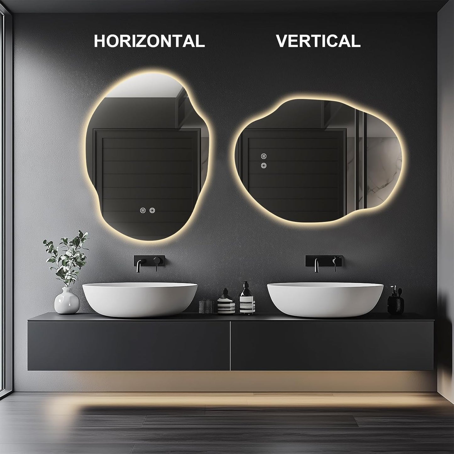 Irregular LED Bathroom Mirror with Lights,Asymmetrical Led Bathroom Vanity Mirror for Wall with Front and Backlit, Anti Fog, 3 Colors and Dimmable Light,[Horizontal/Vertical] 30" H x 22" W