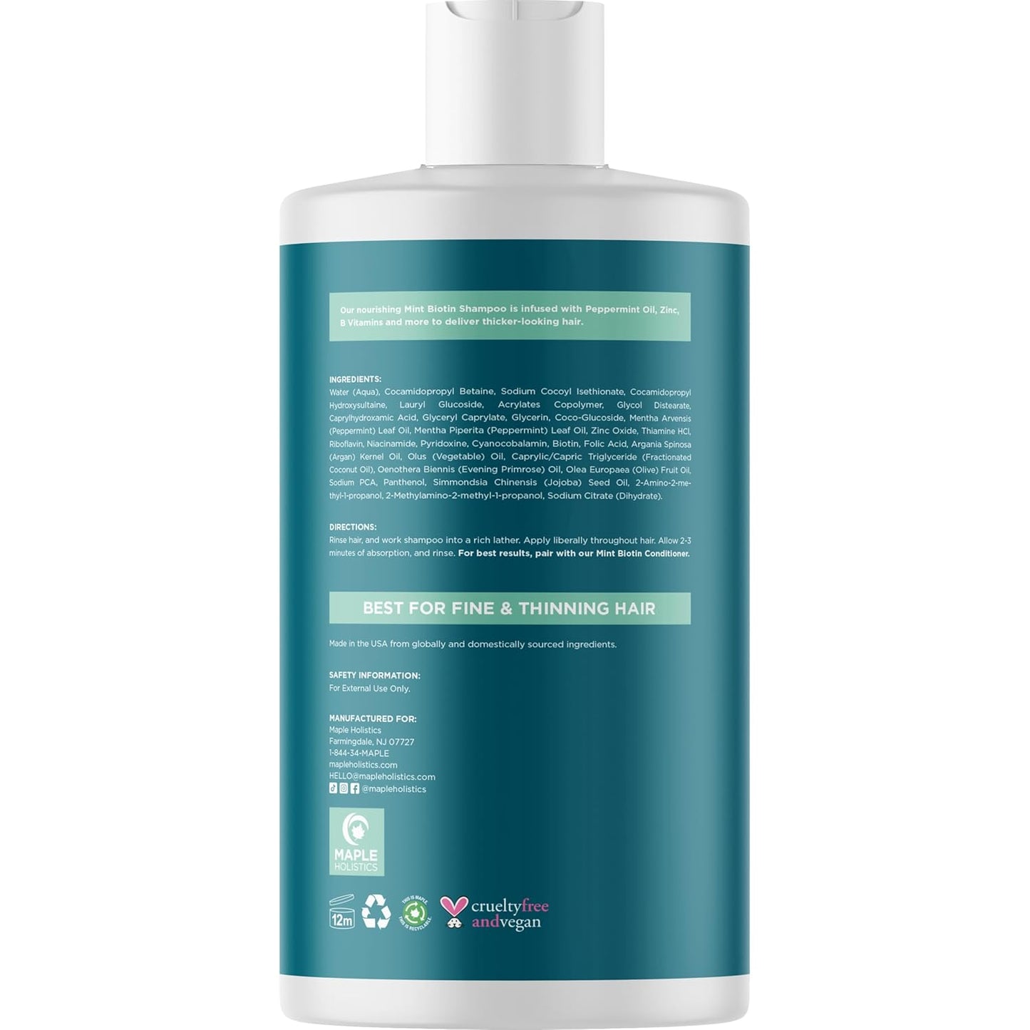 Volumizing Biotin Shampoo for Thinning Hair - Thin Hair Shampoo with Peppermint Argan and Essential Oils for Hair Care - Vegan Sulfate Free Shampoo for Damaged Dry Hair Paraben and Cruelty Free (Mint)