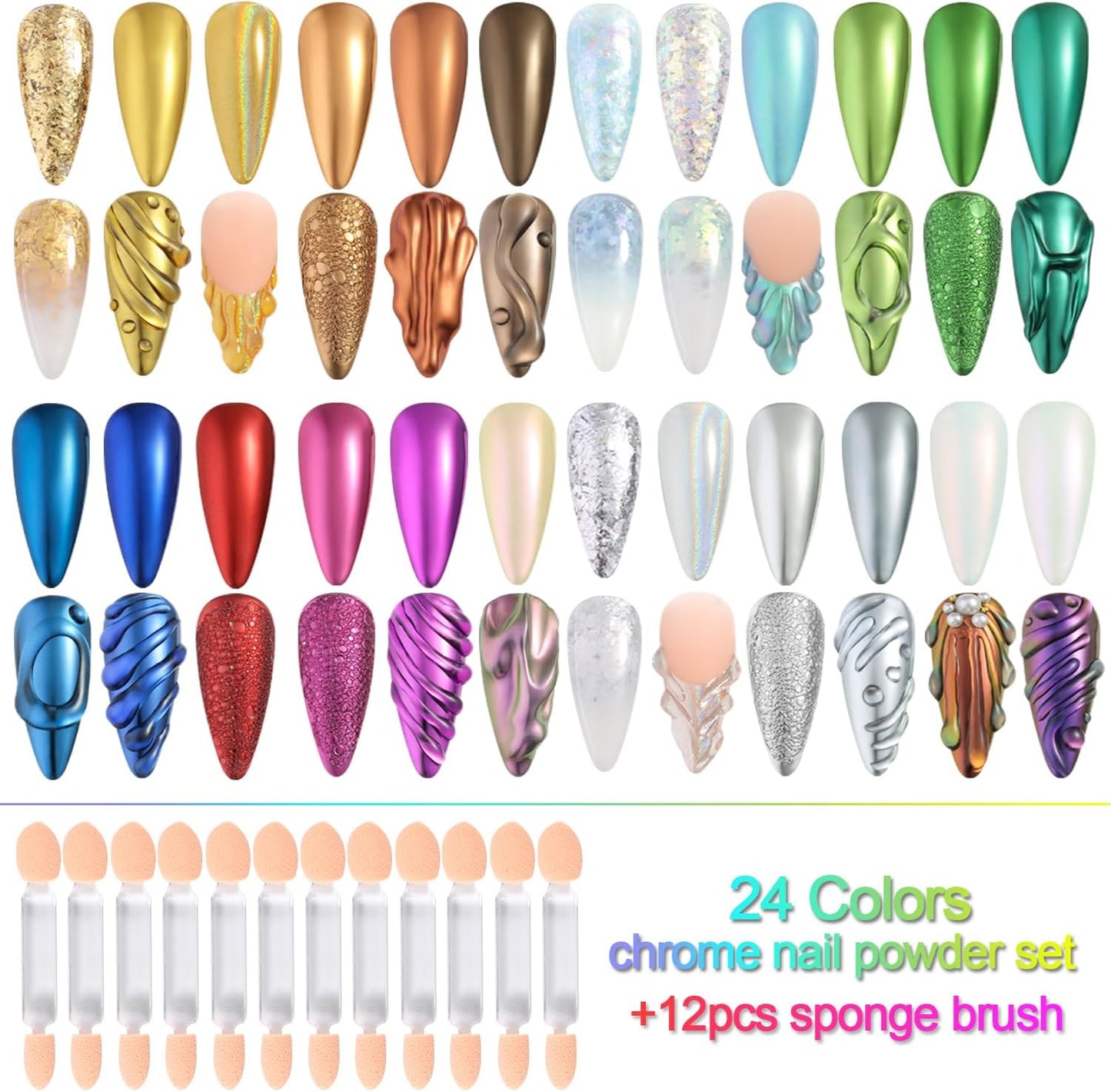 Chrome Nail Powder Set 24 Colors, Mirror Effect Gold Silver Chrome Glitter Powder White Pearl Chrome Powder Iridescent Pigment for Nails Opal Flakes Gold Leaf for Nail Art Decoration
