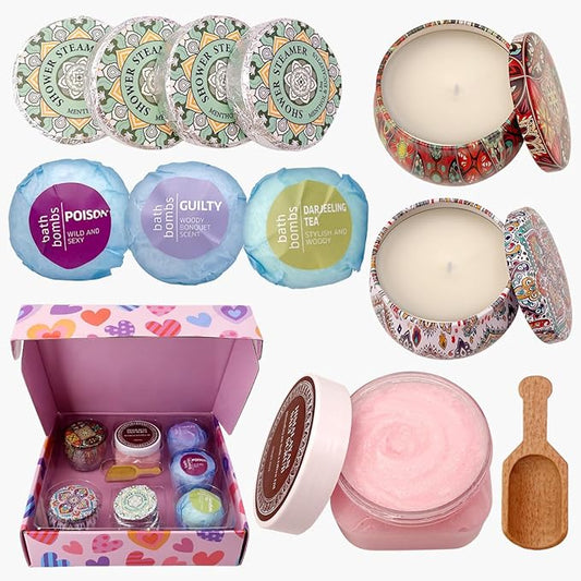 Birthday Gifts For Women-Assorted 4 Shower Steamers, 3 Bath Bombs, 2 Scented Candles, and 1 Exfoliating Body Scrub - Gifts for Mom, For Women, For Wife and Girlfriend……