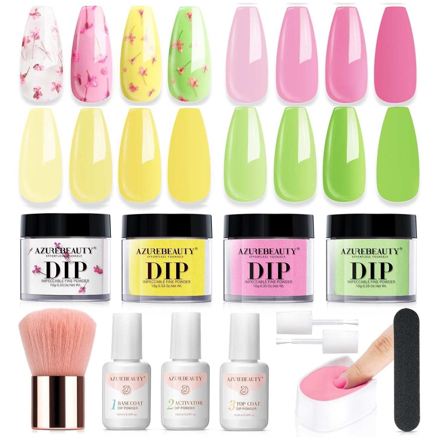 AZUREBEAUTY Dip Powder Nail Kit Bright Yellow with Base Top Coat Activator Dried Flowers for French Nails Art Manicure DIY Salon