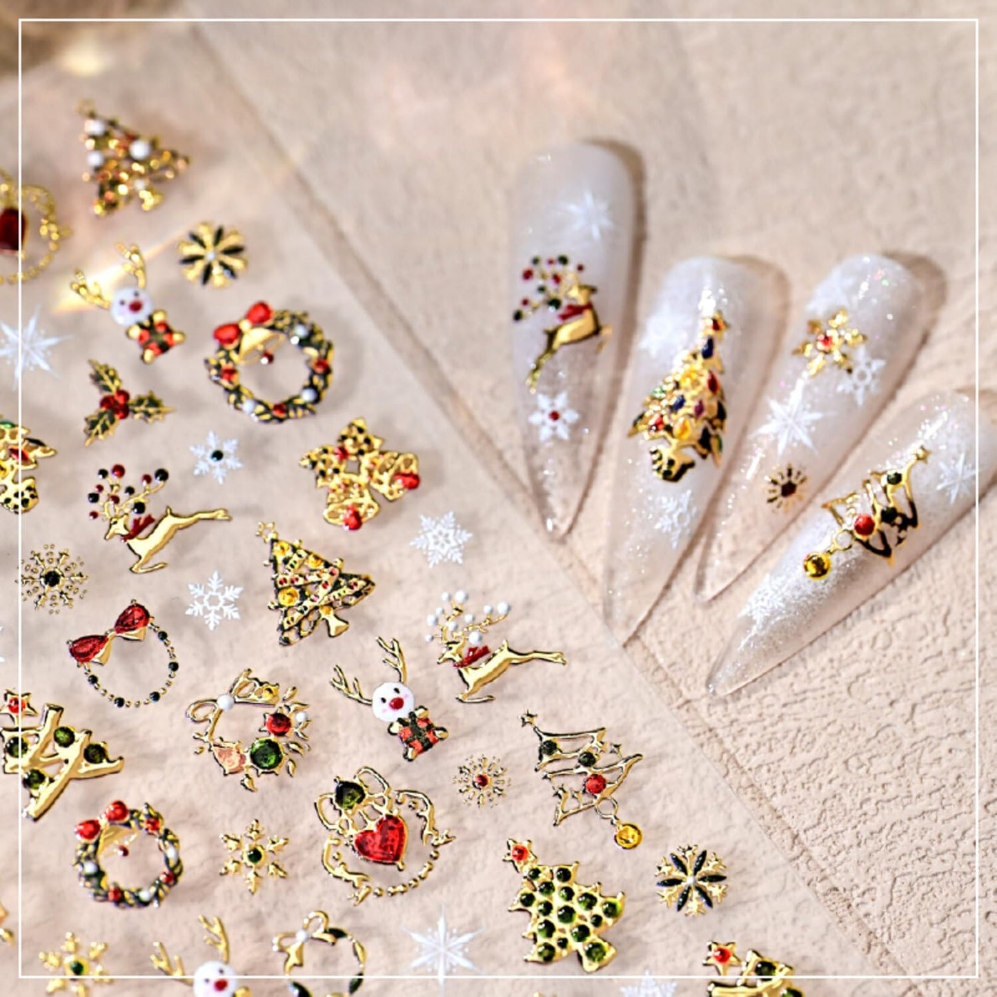 Christmas Nail Stickers for Nail Art Glitter Gold Cute Reindeer Christmas Tree Wreath Nail Art Stickers Xmas 5D Embossed Nail Decals 3D Self-Adhesive Nails Supply Manicure Sliders for Nails Decoration