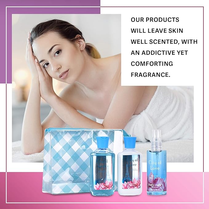Bath & Body Care Travel Set - Home Spa Set with Body Lotion, Shower Gel and Fragrance Mist, Valentines Day Gifts for Her and Him(City of Love)
