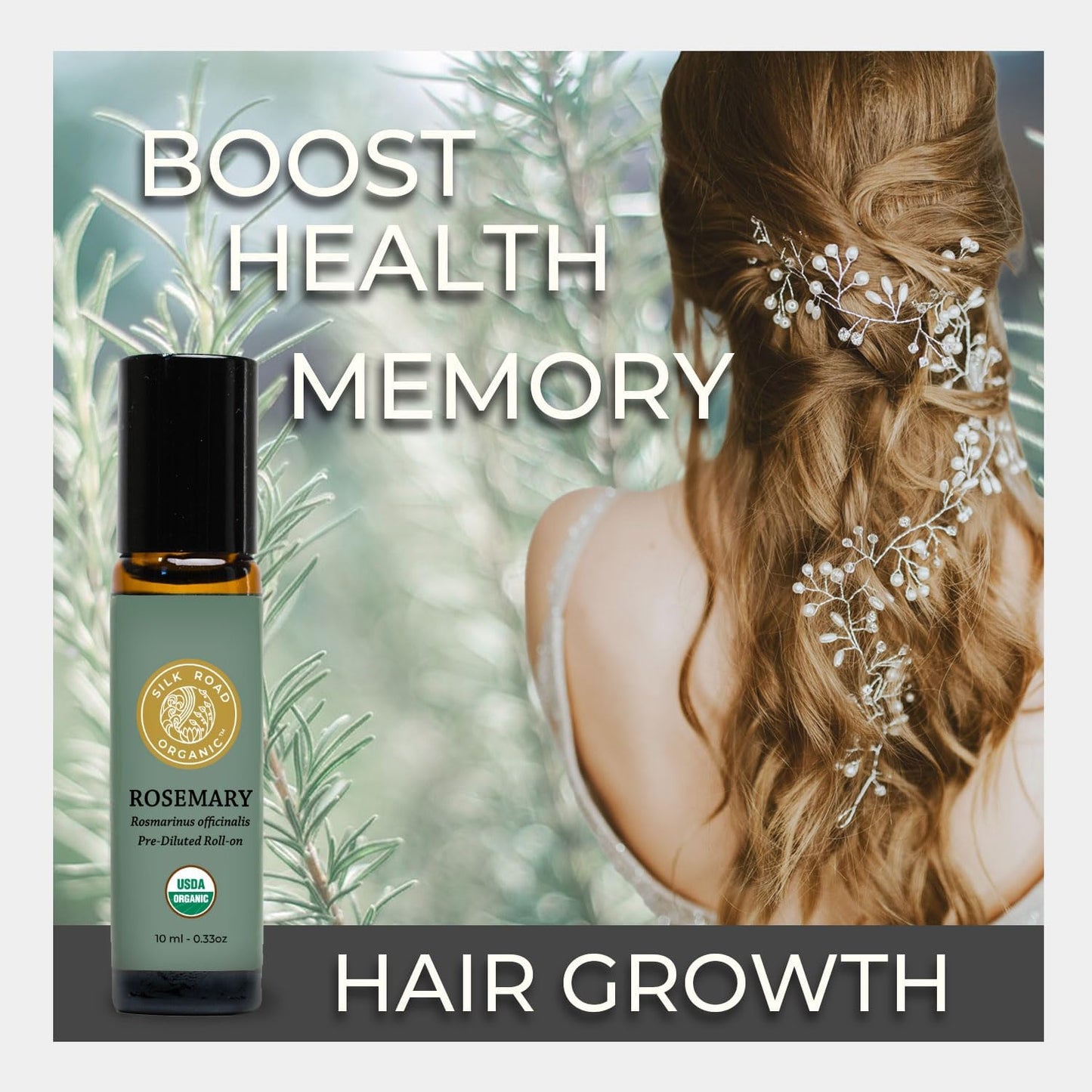 Silk Road Organic Rosemary Essential Oil & Jojoba Roll On, 100% Pure USDA Certified Aromatherapy to Improve Memory & Focus & Hair Health - 10 ml Roller
