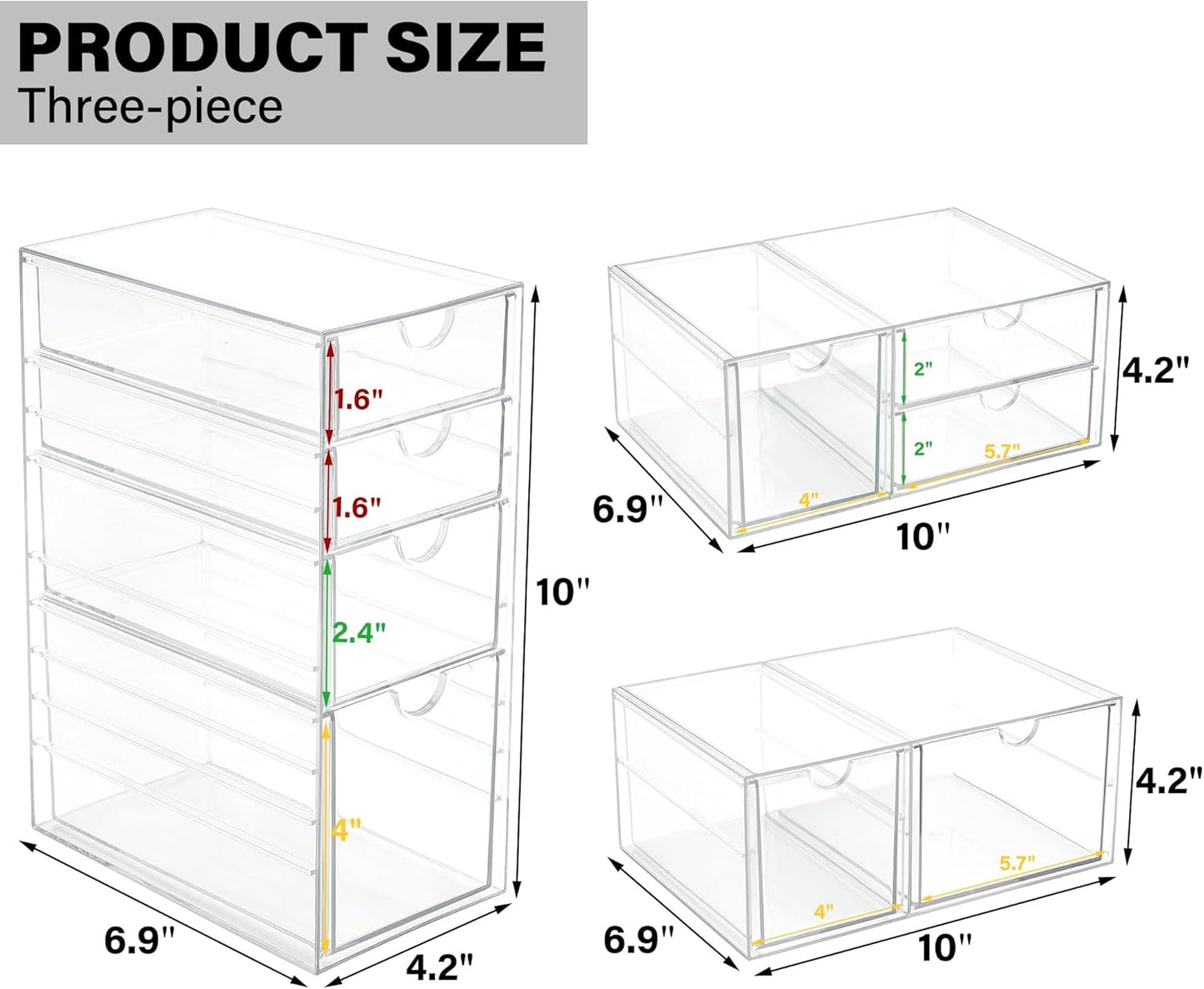Prsildan Acrylic Drawer Makeup Organizer with 9 Drawers, Set of 3 Office Desk Organizers Accessories, Clear Stackable Storage Drawers for Vanity, Countertop, Craft, Jewelry, Art Supply Organization