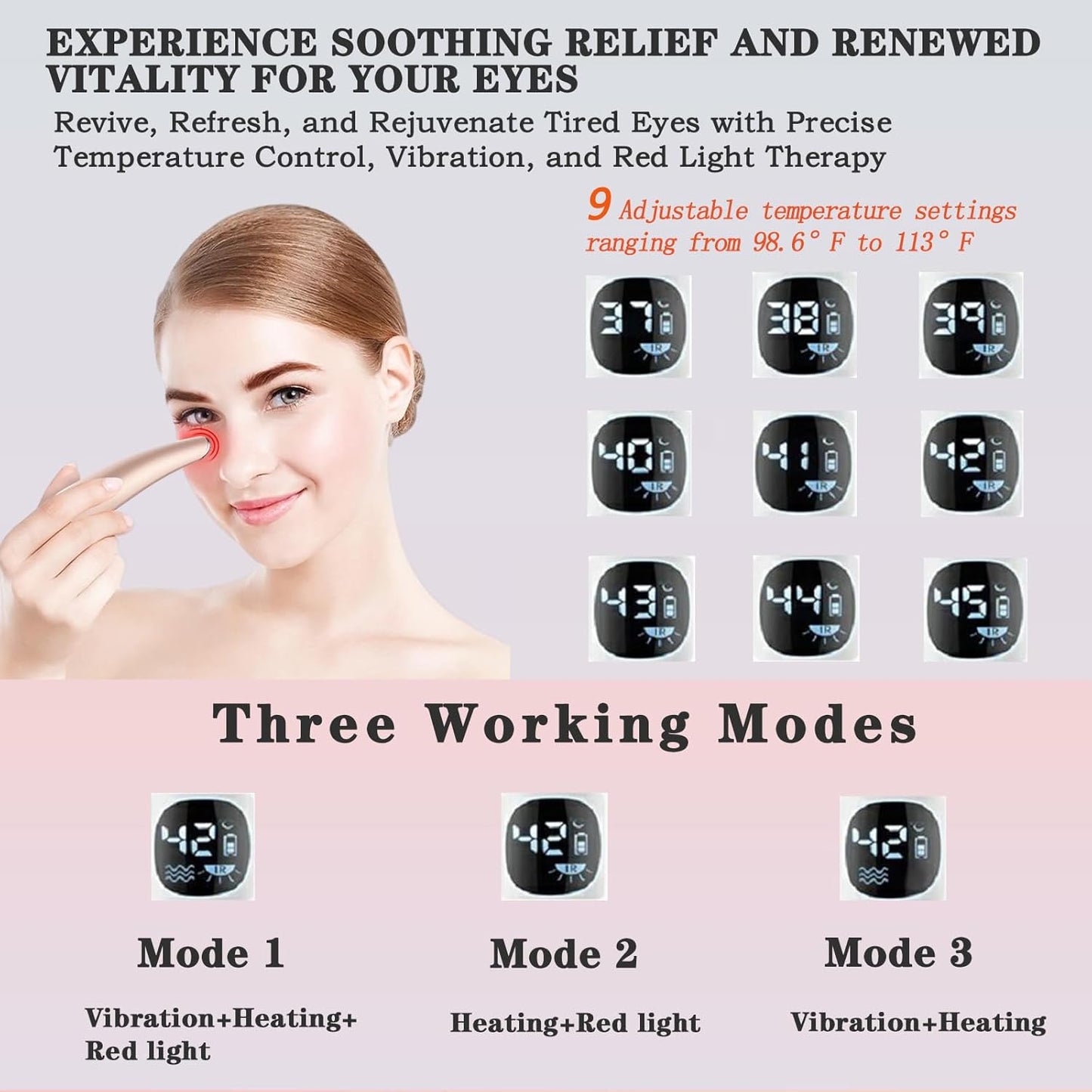 Eye Lift Wand, 3 in 1 Vibrating 98°F to 113°F LCD Eye Massager for Dry Eyes, Dark Circles and Puffiness, Face & Neck Lifting Tool for Fine Lines and Wrinkles, Rose Gold