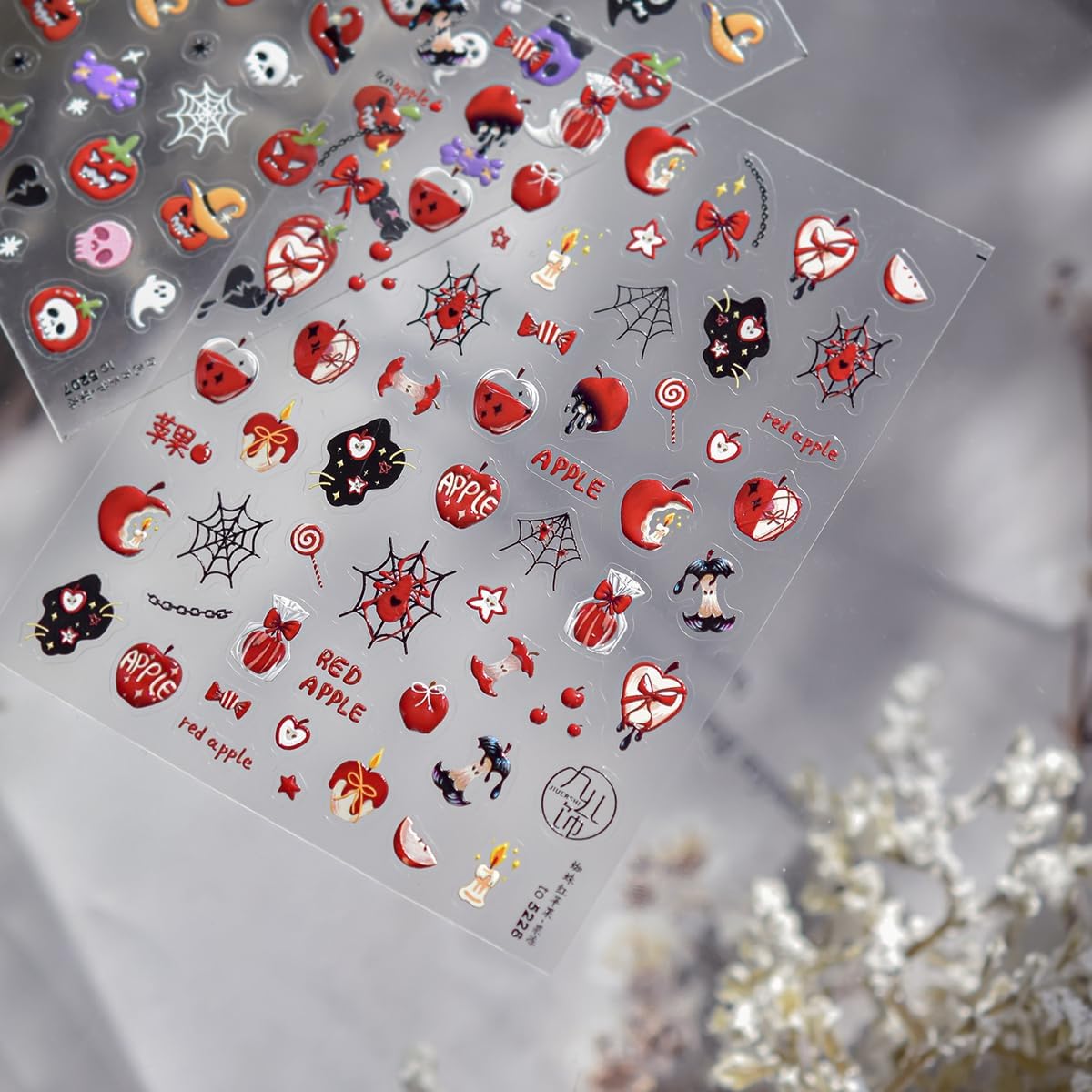 5D Halloween Nail Stickers Red Apple Theme Nail Decals Self-Adhesive Spider Web Gift Candy Browknot Design Thanksgiving Nail for Acrylic Nails DIY Holiday Decoration for Women Kids Party 1 Sheet