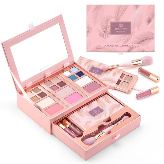 Color Nymph Small Makeup Palette Set for Face | Cosmetics Gift Set for Women & Girls | 12 Colors Eyeshadow, Blush, Highlighter, Contour Powder, Lip Gloss & Brush Kit | Travel-Friendly (Pink)