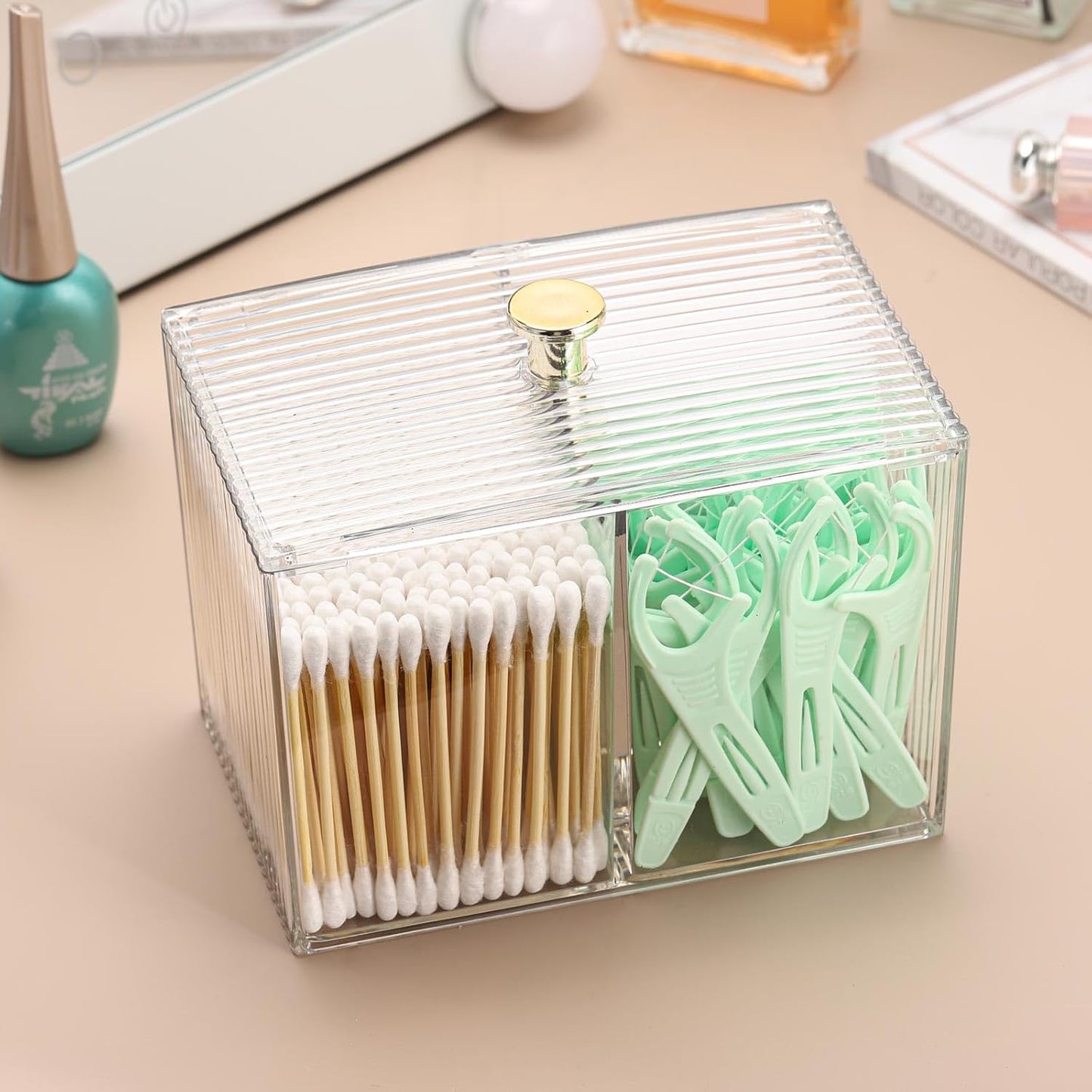 Tbestmax Qtip Holder Dispenser 3-Section Clear Bathroom Container Organizer 3 Grids Cotton Swab/Pad/Ball Holder Container Cosmetics Storage for Vanity
