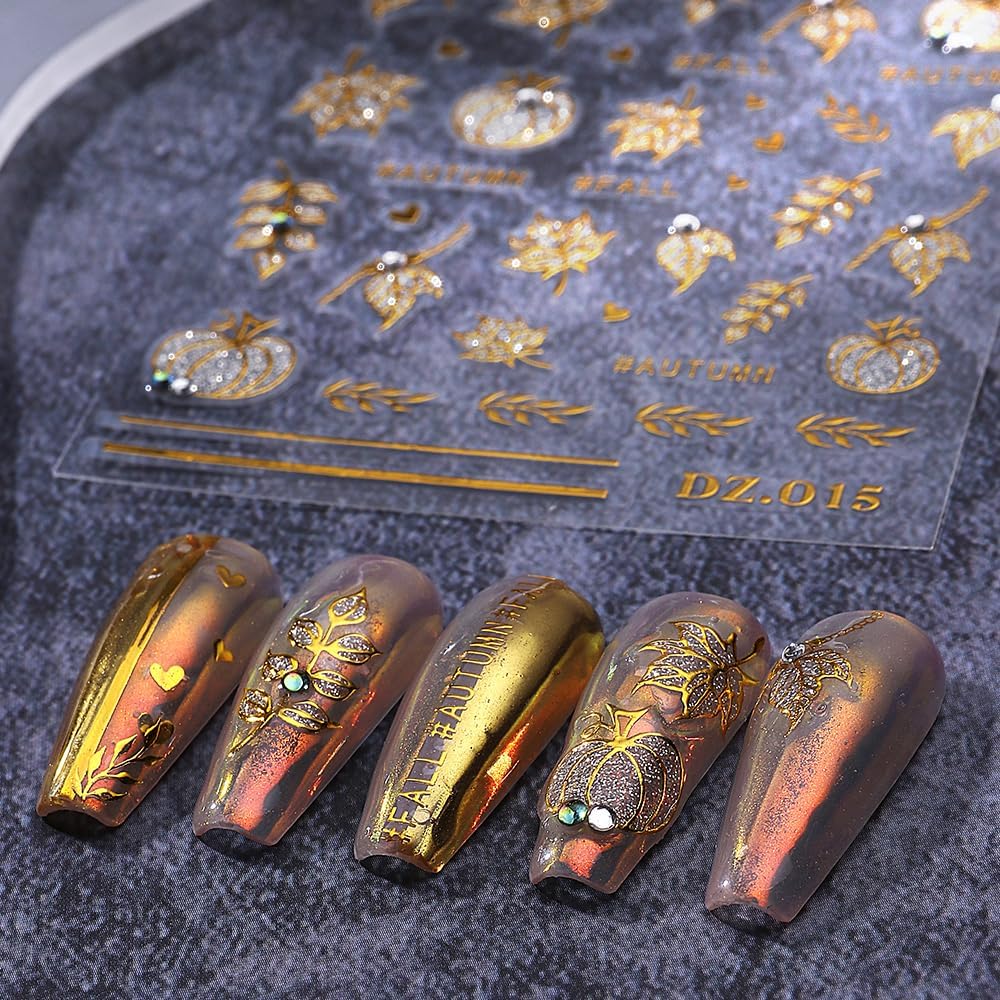 3 Sheets Fall Gold Nail Stickers for Nail Art Cute Gold Pumpkin Nail Decals Autumn Maple Leaf Nail Art Stickers 5D Self-Adhesive Glitter Thanksgiving Day Nail Decoration for Women Nails Design