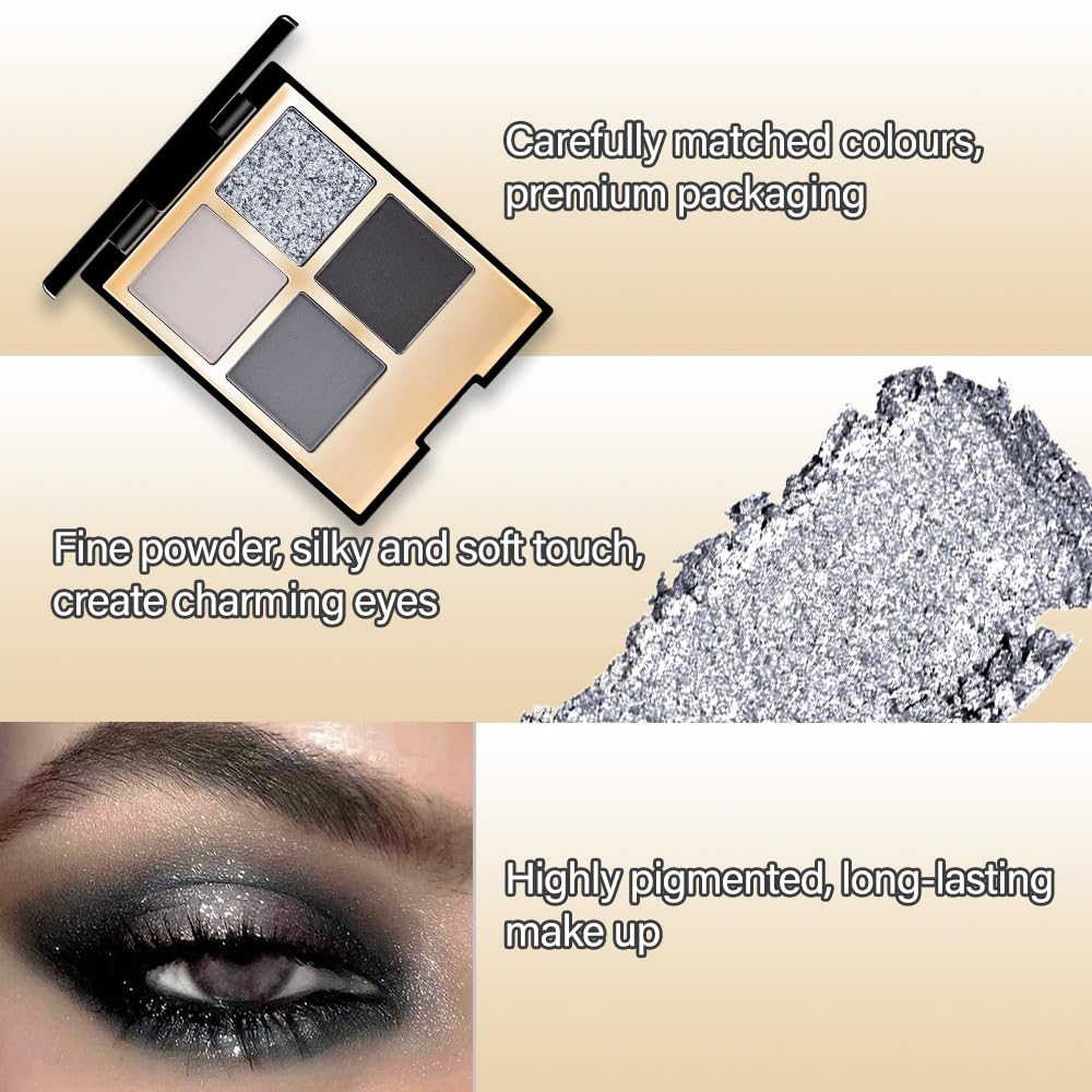 4 Colors Eyeshadow Makeup Palette,Black Gray Natural Neutral Nude Smoke Eye Shadow Palette with Mirror,Long Lasting Naturing-Looking,Waterproof,Travel Size