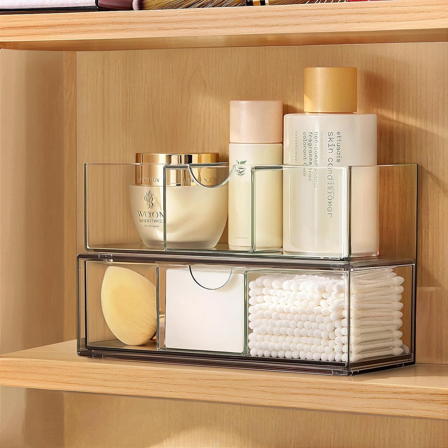 Medicine Cabinet Organizer 2 Pack, Stackable Storage Drawers with Removable Divider, Make Up Organizer for Bathroom Mirror Cabinets, Vanity, Closet, Countertop - Clear