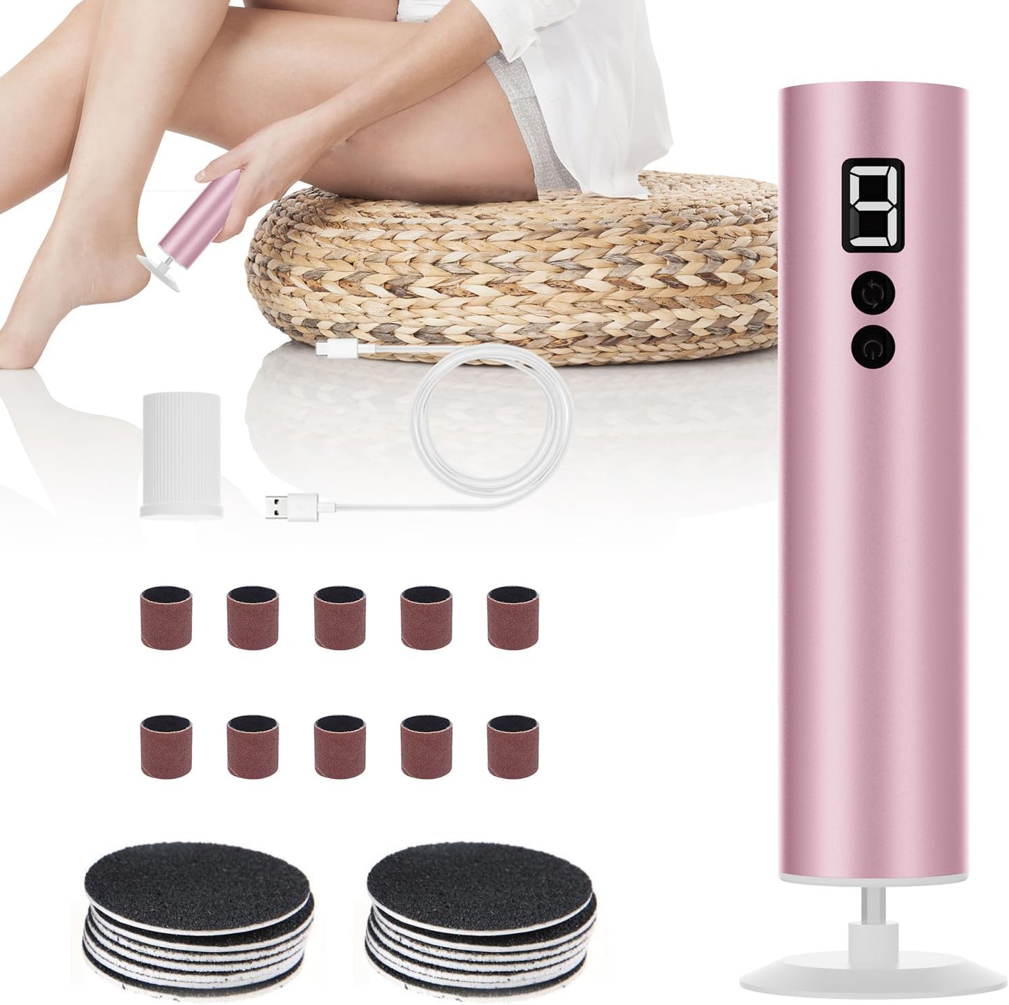 Powerful Electric Foot File & Callus Remover - Over 1-Hour Continuous Use, 360° Rotating Grinder, Foot Drill & Sander, 1200mAh Rechargeable Cordless Pedicure Tool,Foot Grinder(Pink+White)