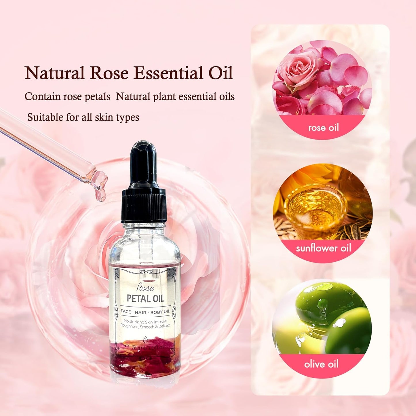 Rose Essential Oil with Flower Petal, Sunflower Seed, Olive Fruit Natural Massage Oils for Nails, Hair, Body, Face Moisturizing Skincare Oil Serum Dry Hair Strengthening Treatment All Types 30ml