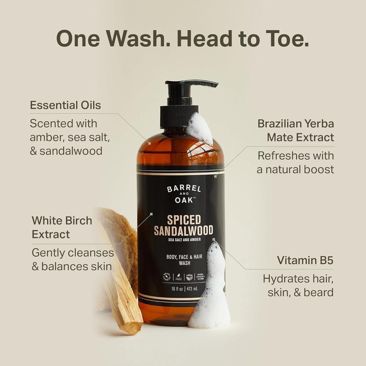 Barrel and Oak - All-In-One Body Wash, Men's Face, Hair, & Body Wash, Natural Exfoliator & Moisturizer, Hydrates Hair & Beard, Fragrant Amber Scent, Certified Organic (Spiced Sandalwood, 16oz)