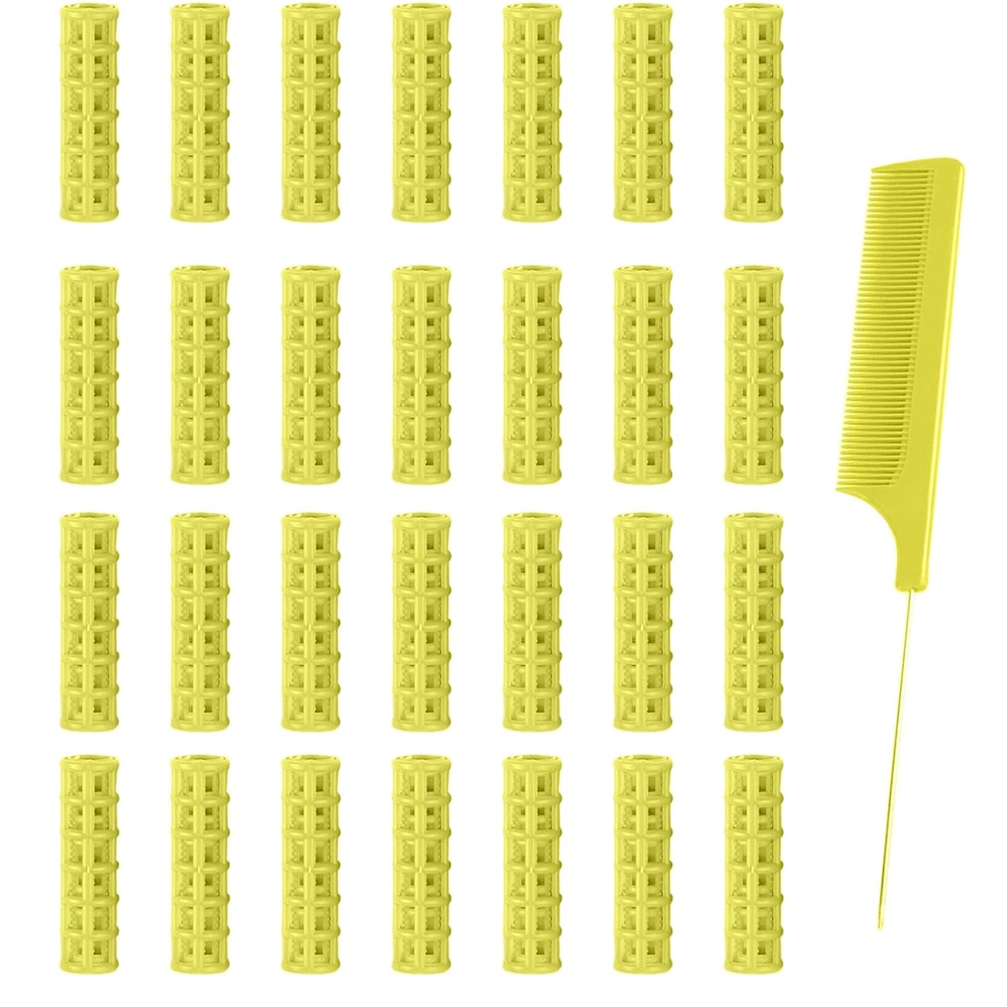 28PCS Self Grip Small Hair Rollers Set, 0.6in Plastic No Heat Roller Hair Curlers with Comb Heatless Clips for Short Fine Thin Hair(Yellow)