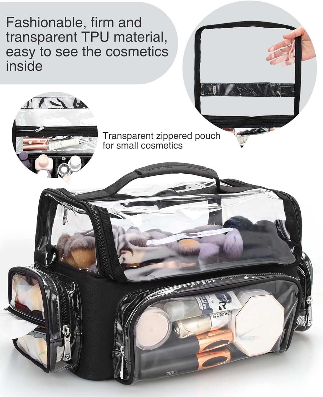 Makeup Brush Bag, Makeup Brush Case for Makeup Artist with Plastic Dividers Washable, Portable Travel Makeup Train Case with Clear Waterproof Cover for Easy to Clean and Find with Adjustable Strap