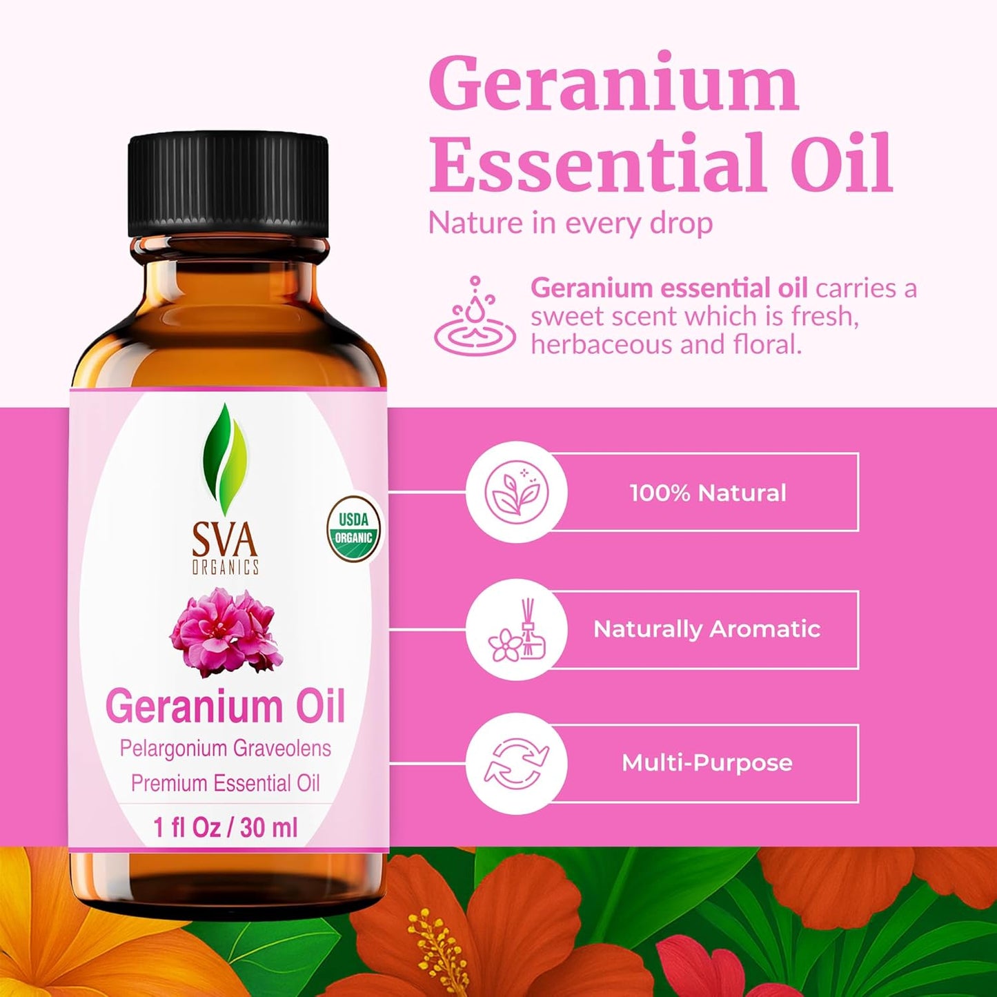 SVA Geranium Essential Oil Organic – 1 Fl Oz – 100% Natural Organic Geranium Oil - for Diffuser, Hair Care, Face, Skin Care, Aromatherapy, Scalp and Body Massage, Soap and Candle making – with Dropper