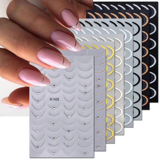 8Sheets French Line Nail Stickers, 3D Sticker for Nail Art Gold Silver White Lines Adhesive Tapes Stripes Swirl with Diamond Nail Design Curved Gel Nail Art Sliders Polish Manicure Tip Nail Decoration