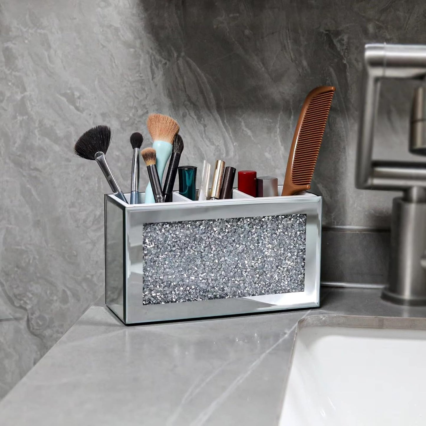 SWTHONY Silver Makeup Brush Holder Organizer, Bling 3 Slot Crushed Diamond Crystal Mirrored Cosmetic Brushes Storage, Eyeliners Eyebrow Pencil Display Case
