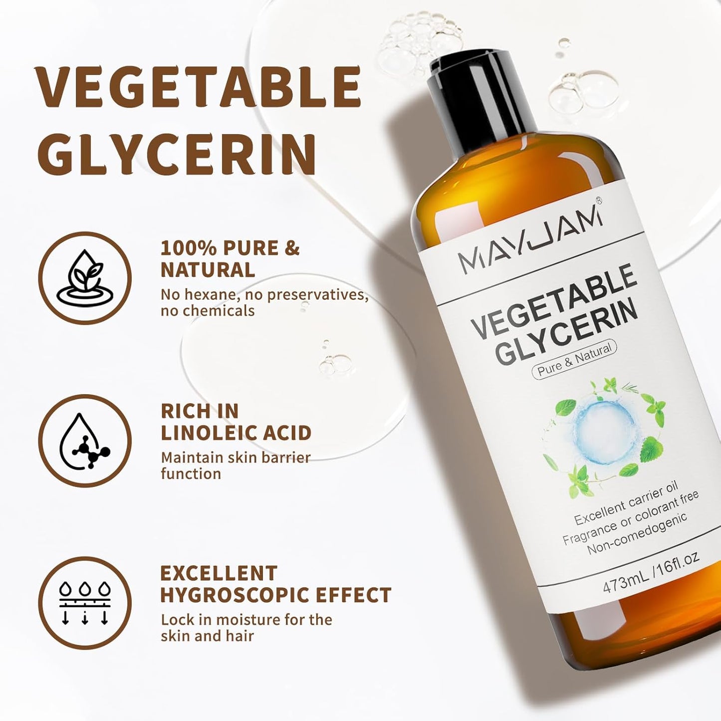 100% Natural & Pure Vegetable Glycerine, 16 fl. oz. Vegetable Glycerin Liquid Body Oil for Skin, Face, Hair Care, Massage Oil for Moisturizing and Hair Benefits, Carrier Oil for Essential Oils