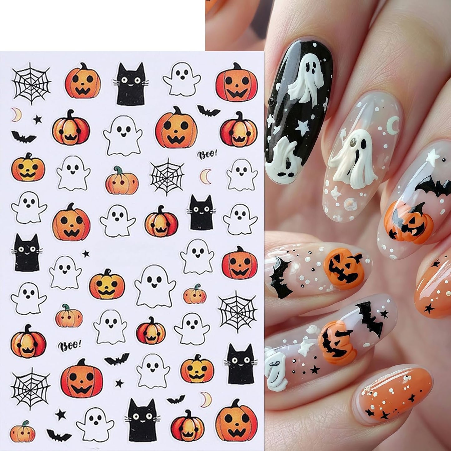 8Sheets Halloween Cute Heart Ghost Nail Stickers 3D Self-Adhesive Pumpkin Spider Web Nail Decals Pumpkin Bat Spider Web Black Cat Nails Design Star Nail Accessories for Women Holiday Manicure Decor