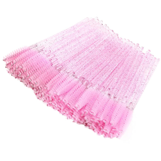 BTYMS 100 Pieces Disposable Lash Wands Eyelash Brushes with Crystal Handle Eyebrow Brushes Spoolies for Eyelash Extensions - Pink