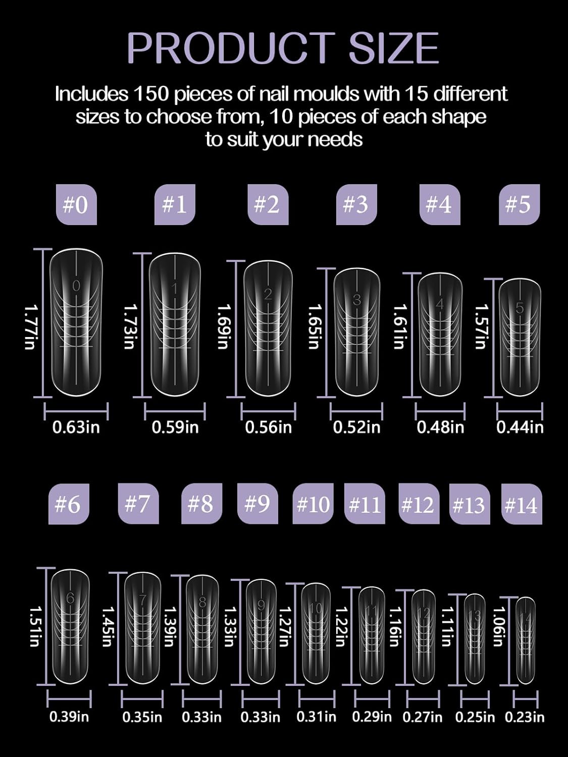 TOROKOM 150Pcs Poly Extension Gel Dual Nail Forms Clear Nail Forms Full Cover Coffin Nail Molds 15 Sizes for Gel Manicure Nail Art Design Salon&DIY