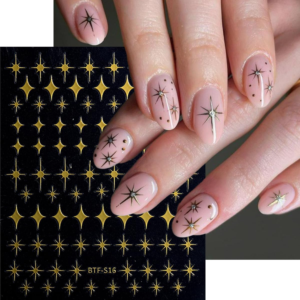 8Sheets Star Nail Stickers 3D Self Adhesive Nail Art Stickers Sparkle Nail Decals Gold Silver Gold White Mixed Shaped Star Design Cute Nail Sticker for Nail Art Women DIY Acrylic Manicure Decoration