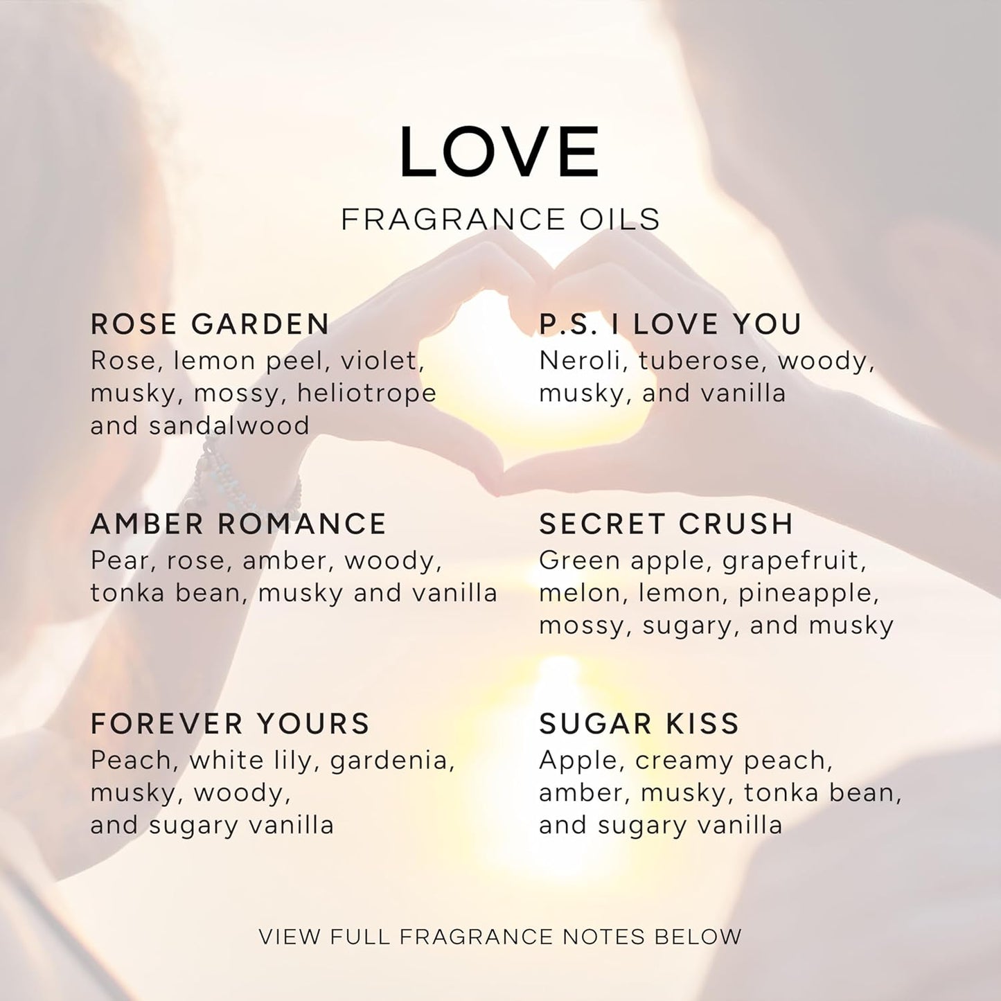 Eternal Essence Oils Love Set of 6 Premium Fragrance Oils - Rose, PS I Love You, Amber Romance, Secret Crush, Forever Yours and Sugar Kiss - for Diffusers, Candle & Soap Making, & Aromatherapy - 10ML