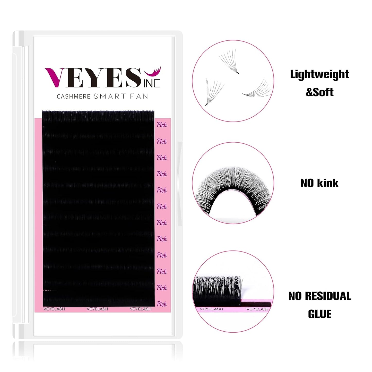VEYES INC Cashmere Smart Fan Lash Extensions 0.03 0.05 0.07 C/CC/D Curl 8-20mm Mixed & Single Length, Super Matte Black Volume Lashes, Professional Supplies for Lash Techs (0.03 C 15-20mm)