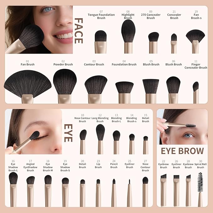 docolor Makeup Brushes Professional 30Pcs Make up Brushes Set Premium Synthetic Kabuki Foundation Blending Brush Face Powder Blush Concealers Eye Shadows Beige