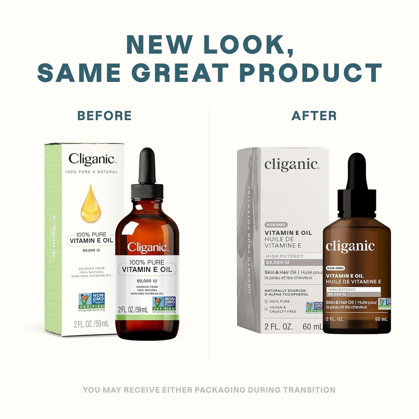 Cliganic Pure Vitamin E Oil for Skin, Scars, Hair & Face - 60,000 IU, Non-GMO Verified | Natural D-Alpha Tocopherol