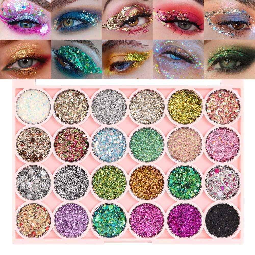 evpct 24 Colors Glitter Sparkle Eyeshadows Palette Makeup for Women, Black White Pink Green Blue Rainbow Neon Metallic Shimmer Shiny Eyeshadow Palette, Body Pressed Eye Shadow Glitter Palette Makeup