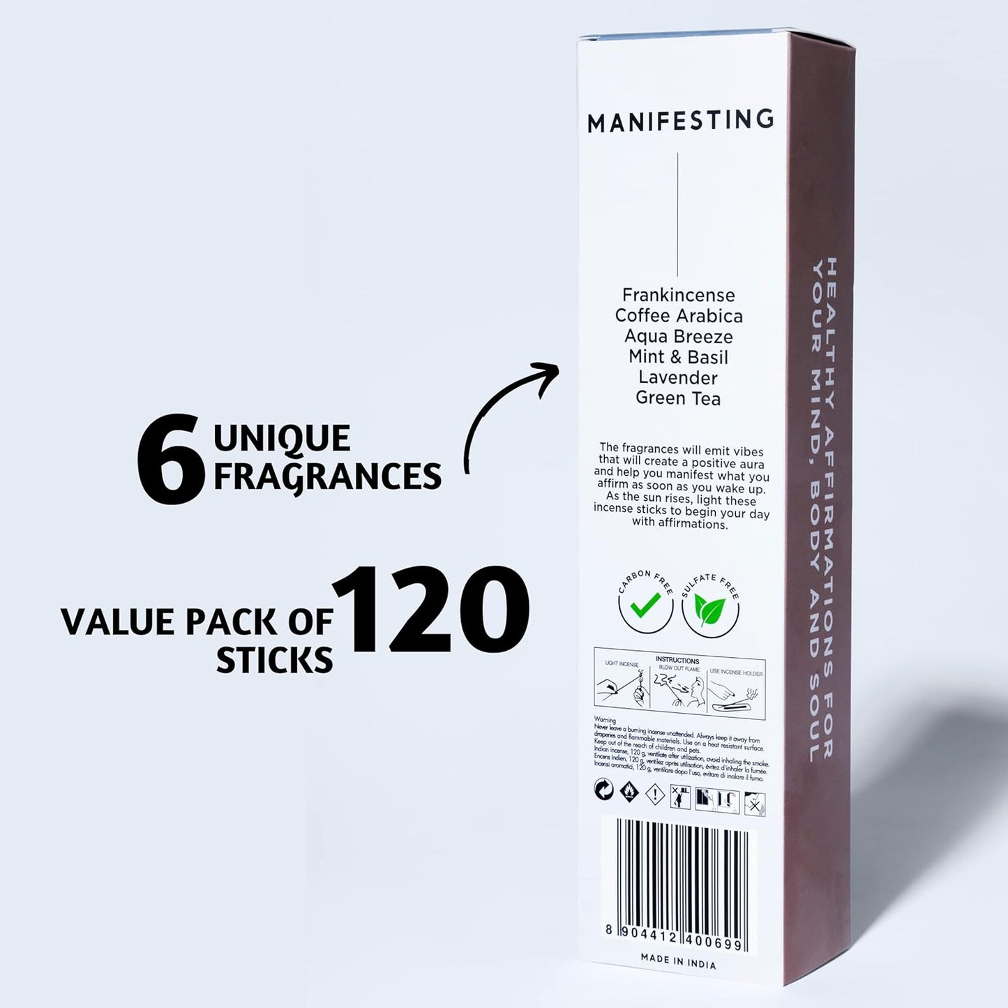 Folkulture Incense Sticks | Set of 6 (120 Non Toxic Insence-Sticks) for Manifesting with 45 Mins Burn Time | Frankincense, Coffee, Aqua Breeze, Mint and Basil, Lavender, Organic Inscents-Sticks
