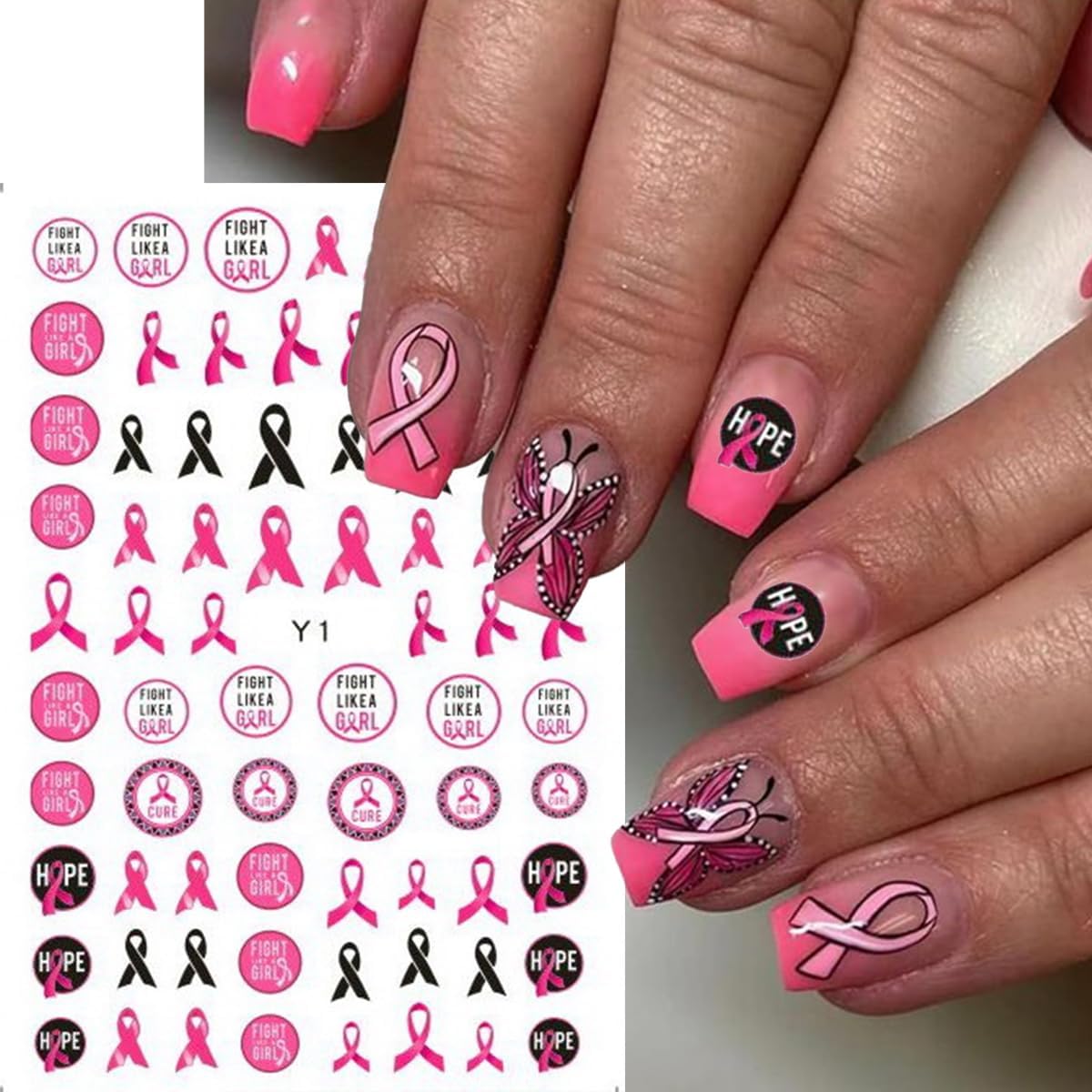 Breast Cancer Nail Stickers Pink Ribbon Nail Decals 3D Self-Adhesive Nail Art Stickers Heart Flower Letter Love Design Concern Female Awareness Manicure Supplies for Women 6 Sheets