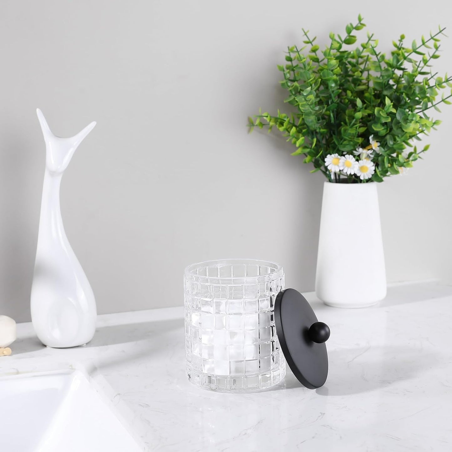 Glass Cotton Jar Holder Matte Black Lid, Elegant Bathroom Storage Canister for Qtips, Cotton Balls, Floss, Makeup Organizer, Vanity Bathroom Organization