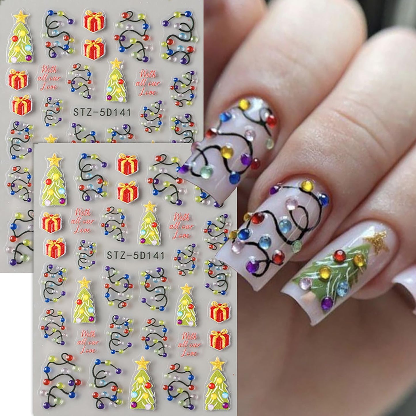 Christmas Nail Art Stickers 5D Self -Adhesive Relief Three-Dimensional Light String Nail Decals Holographic Christmas Tree Gift Nail Stickers Festival Nail Decoration for Women Manicure Supplies