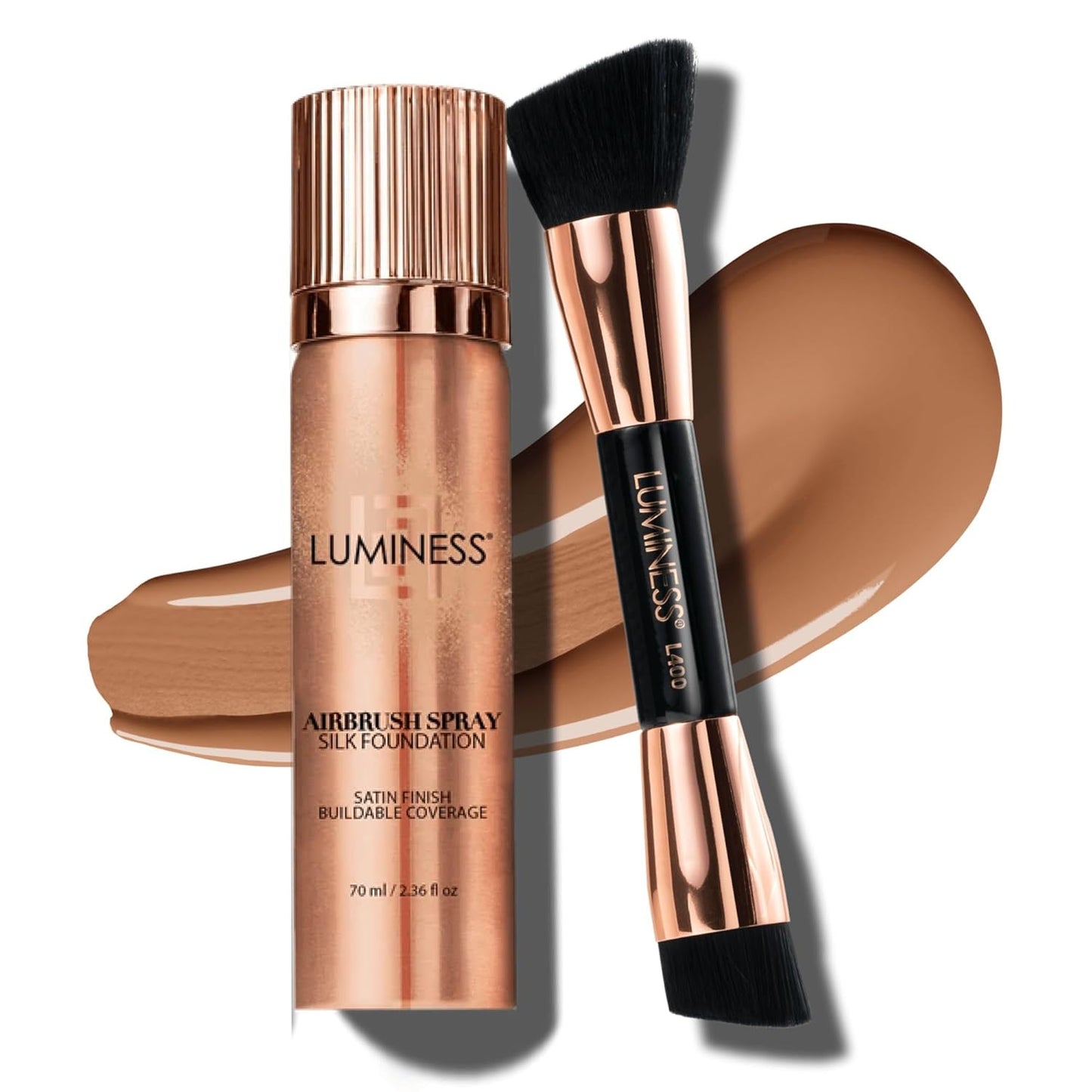 LUMINESS Silk Airbrush Spray Foundation & Buffing Brush Kit – Full Coverage Foundation & Dual-Sided Buffing Brush - Buildable Coverage, Anti-Aging Formula Hydrates & Moisturizes (Shade - Light Tan)