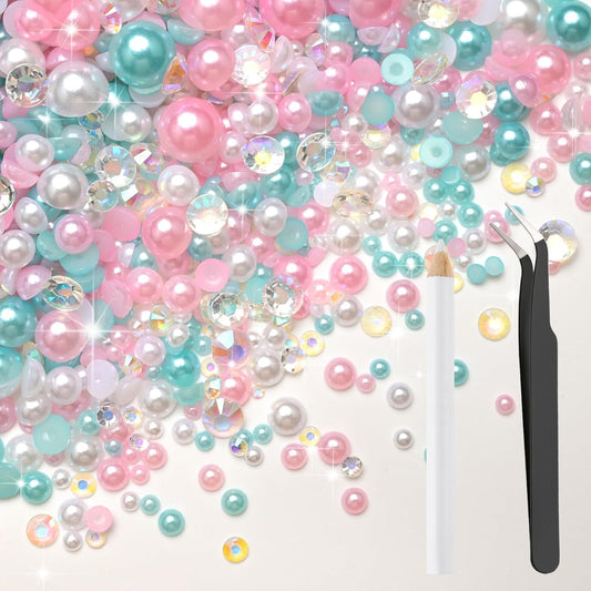 80g Mix Flatback Pearls and Rhinestones for Crafts Pink Blue White Mixed Size 2mm-10mm Half Round Pearls Rhinestones for Nail Art Tumblers Shoes DIY Bedazzling with Tweezers Wax Pen