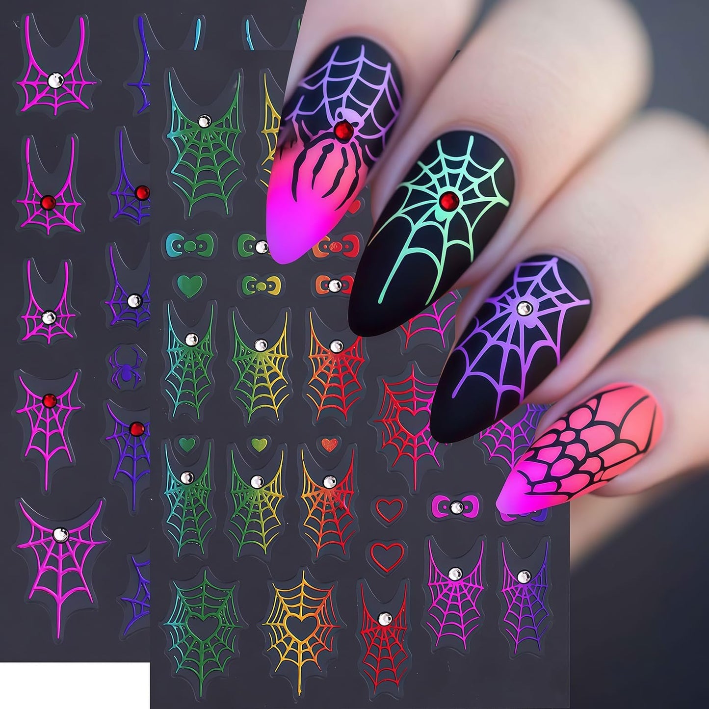 6 Sheets Shining Crystal Diamond Spider Web Nail Stickers for Nail Art Self-Adhesive Halloween Nail Decals Spider Web Spiders Stickers Fall Holiday DIY Manicure Decoration Supplies Sticker for Women