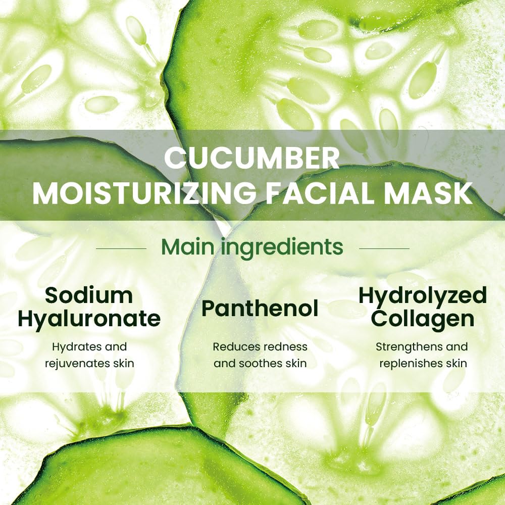 8 Pack Cucumber Face Sheet Mask Skincare,Hydrating Face Mask For Sensitive Skin,Moisturize,Soothing,Nourish for All Skin Types,Natural Spa Party Facial Mask Skincare Set for Women Men Girls