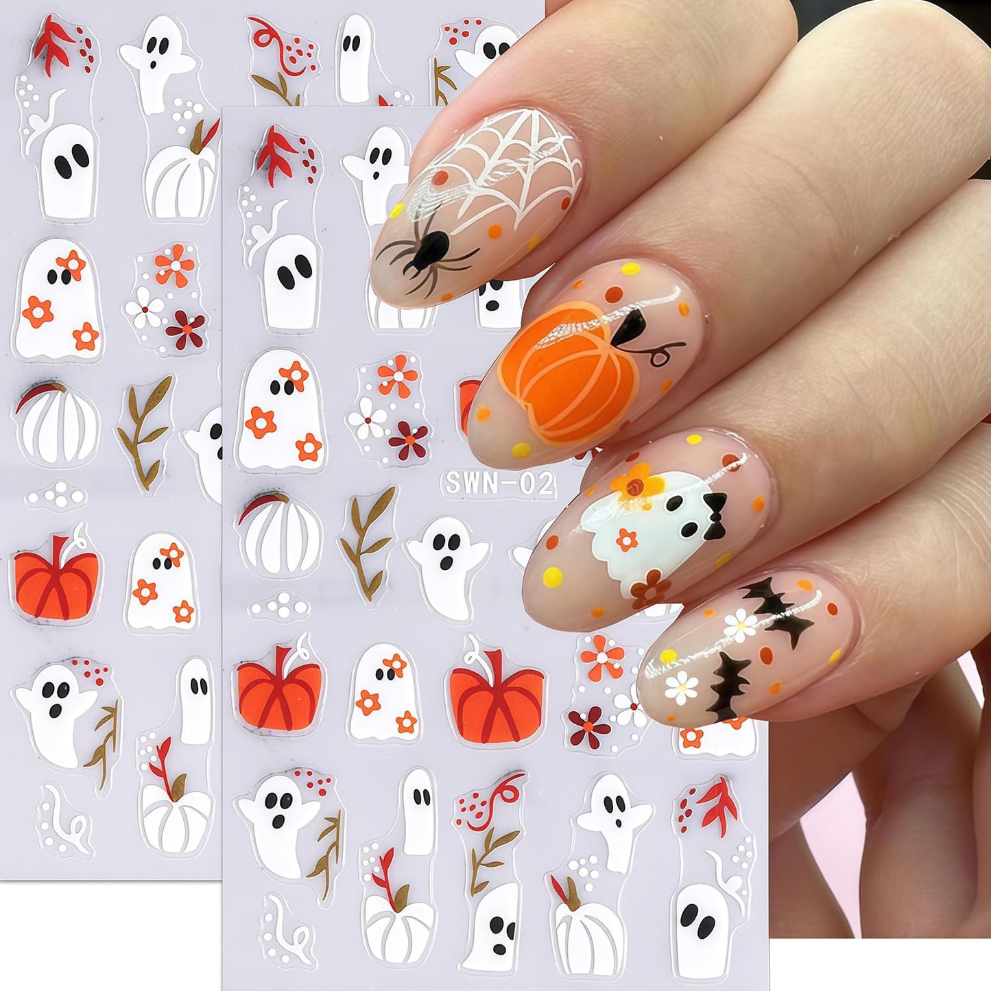 6 Sheets Halloween Nail Art Stickers 3D Self-Adhesive Cute Ghost Spider Spider Web Pumpkin Nail Stickers Black Spiders Pattern Nail Sticker for Day of The Dead Holiday Nails Decor Accessories