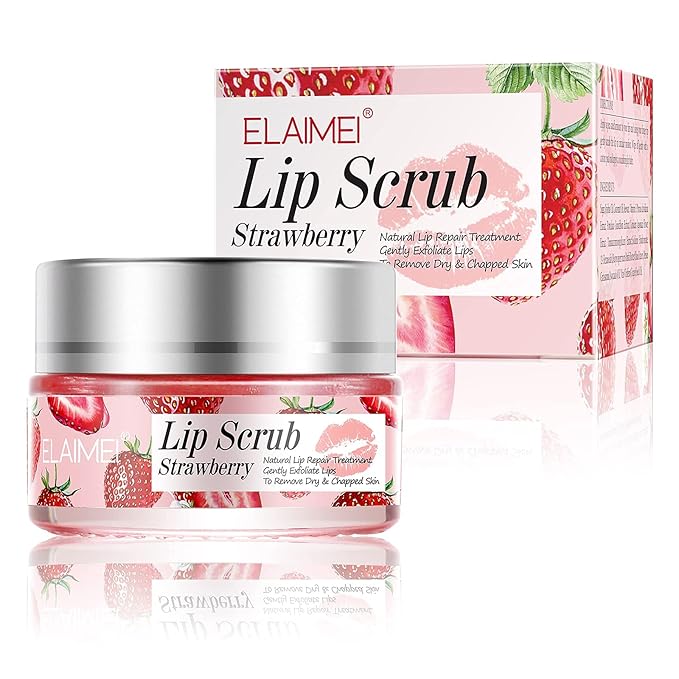Lip Scrub, Exfoliator & Moisturizer, Lip Repair for Lush Soft Lips, Chapped Dry and Flaky Lips Treatment (Strawberry)