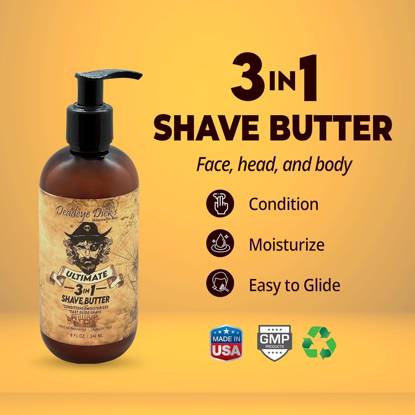 DeadeyeDick's 3-in-1 Shave Butter | Natural Shave Cream for Face, Head & Body | Gentle, Non-Irritating Formula for All Skin Types | 8 FL OZ