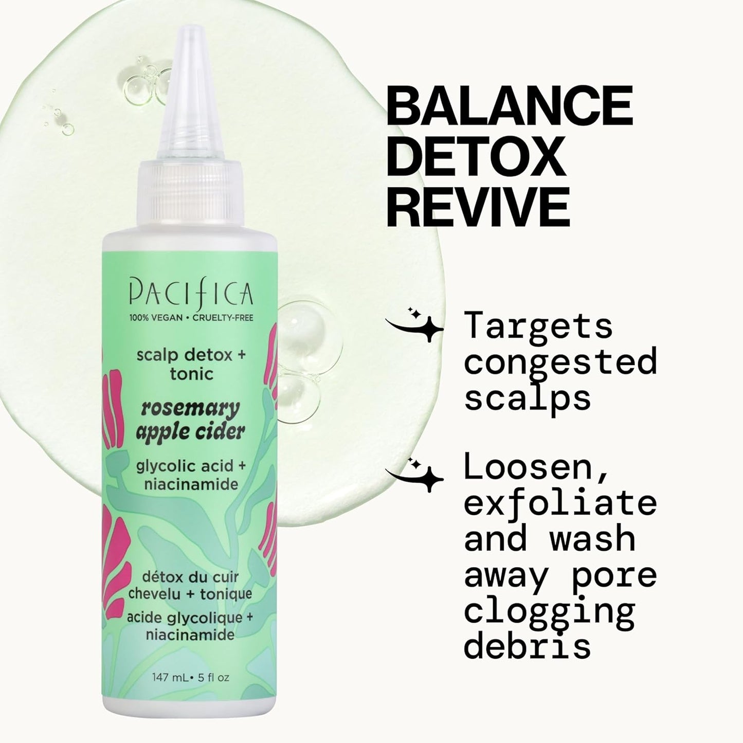 Pacifica Scalp Detox Tonic – Rosemary Apple Cider Scalp Exfoliator, Apple Cider Vinger Hair Rinse w/ Salicylic Acid for Clarifying Build Up, Vegan Treatment and Pre Shampoo Cleanser - 5 oz