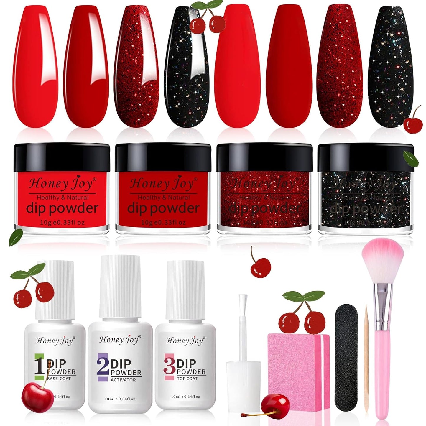 Honey Joy Dip Powder Nail Kit Starter,4 Colors Deep Red Glitter Holographic Black Dipping Powder Liquid Set with Base Top Coat for Nail Art Manicure Salon DIY No LED Nail Lamp Needed, Dip-7pcs-08