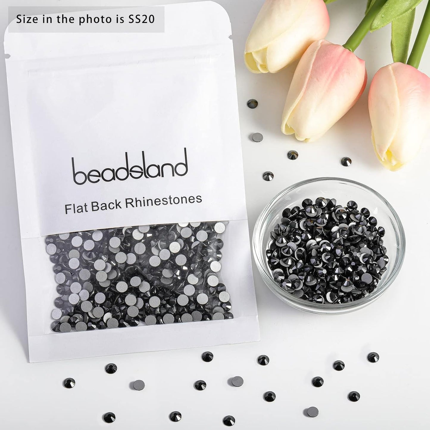 Beadsland 1440pcs Flat Back Crystal Rhinestones Round Gems for Nail Art and Craft Glue Fix, Jet Hematite,SS20,4.6-4.8mm